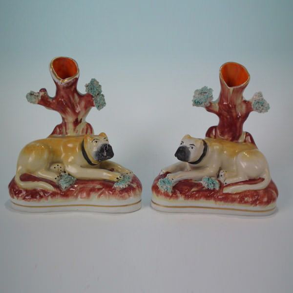 Pair Staffordshire Pottery Mastiff Spill Vases