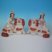 Pair Staffordshire Pottery Recumbent Spaniels With Children