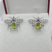 Pair Of Fly Design Earrings Set With Peridot, Diamonds & Rubies In White Gold, Boxed