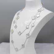 Extra Long Mother Of Pearl & Cubic Zirconia Clover-Style Necklace In Sterling Silver