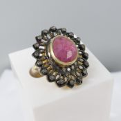Faceted Ruby & Rose-Cut Diamond Statement Ring, With Ornate Detailing