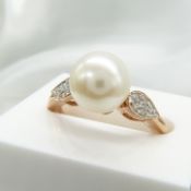 Rose Gold Ring Set With Cultured Pearl & Diamond Shoulders