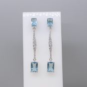 Pair Of Sterling Silver Drop Earrings Set With Light Blue & White Stones