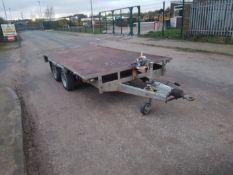 Indespension 12ft twin axle braked flatbed trailer.