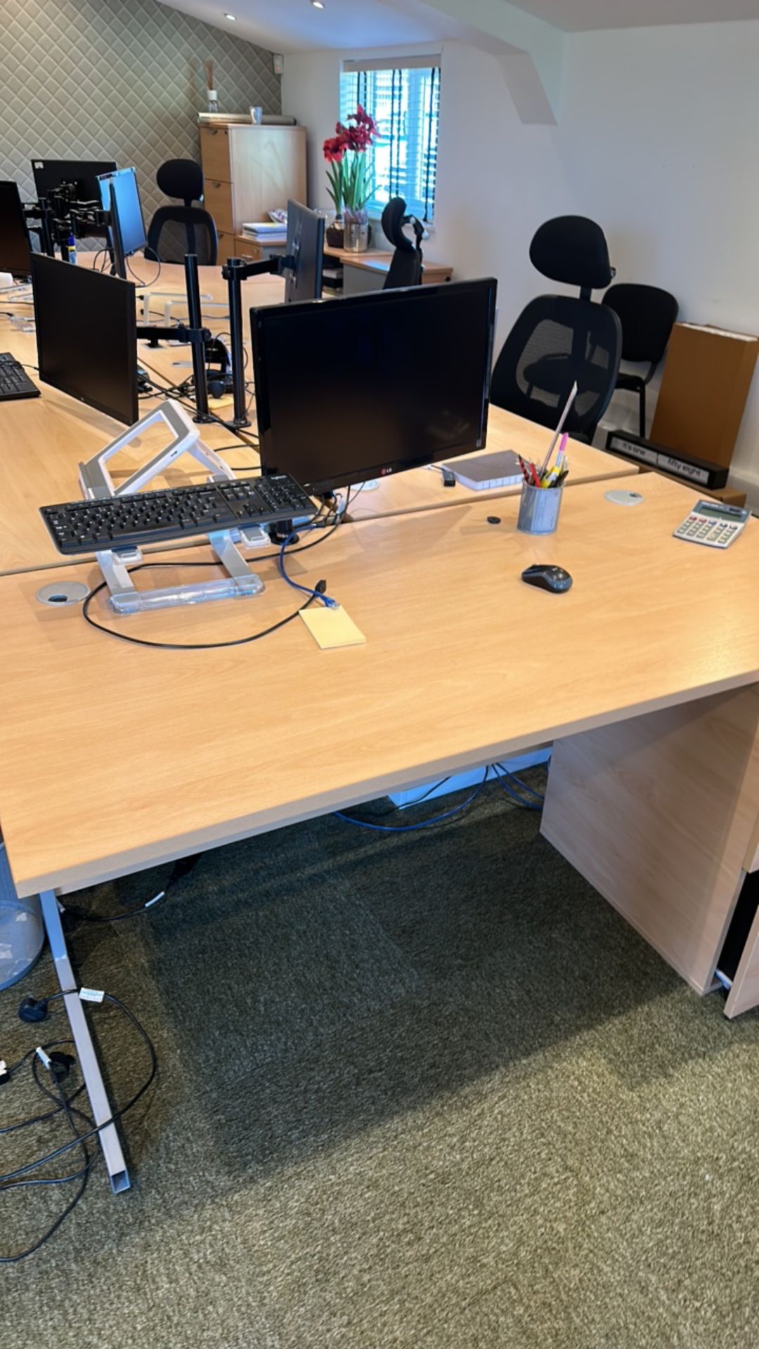 Bank of pine affect desks with monitors, chairs and keyboards - x7 - Image 6 of 6