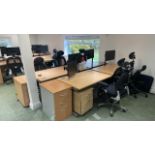 Bank Of 4 Desks, Chairs, Monitors & Drawers