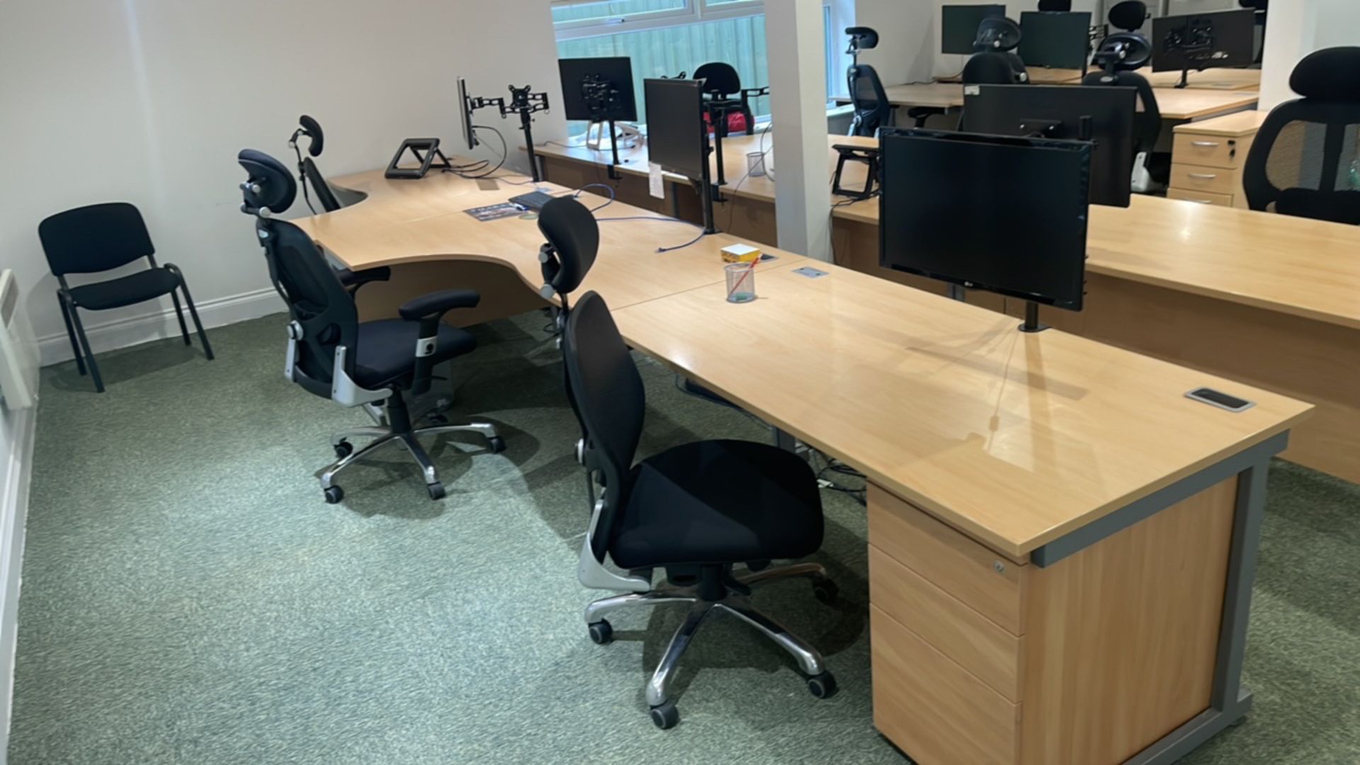 Bank Of 3 Desks, Chairs, Monitors & Drawers