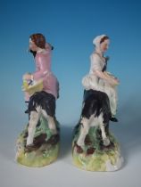 Pair Staffordshire Pottery Girl/Boy On Goats, With Flower Baskets