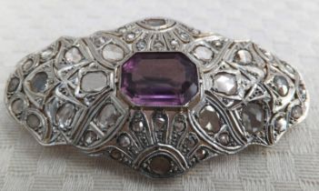 Antique 18ct Gold Emerald Cut Amethyst & Diamond Brooch