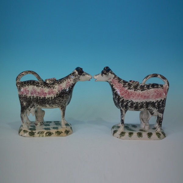 Pair Staffordshire Pearlware Pottery Cow & Milkmaid Creamers
