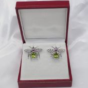 Pair Of Fly Design Earrings Set With Peridot, Diamonds & Rubies In White Gold, Boxed