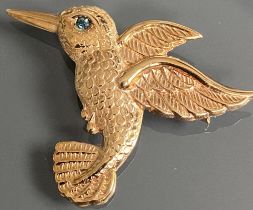 Vintage 9ct Gold Sapphire Hummingbird Brooch Pin