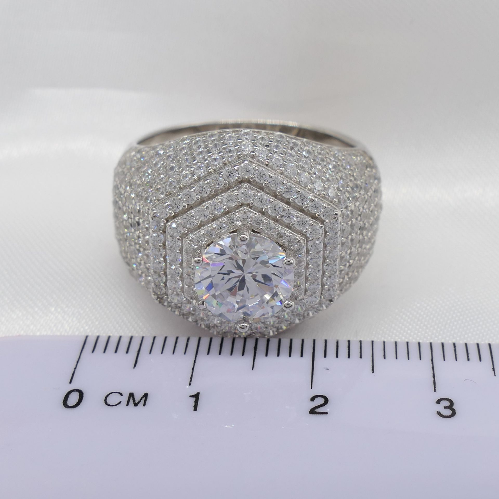 Large ""Hexagon"" Silver Dinner Ring Heavily-Set With White Gems - Image 3 of 6