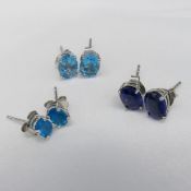 Trio Of Natural Blue Gemstone Ear Studs: Swiss Blue Topaz, Kyanite & Neon Apatite