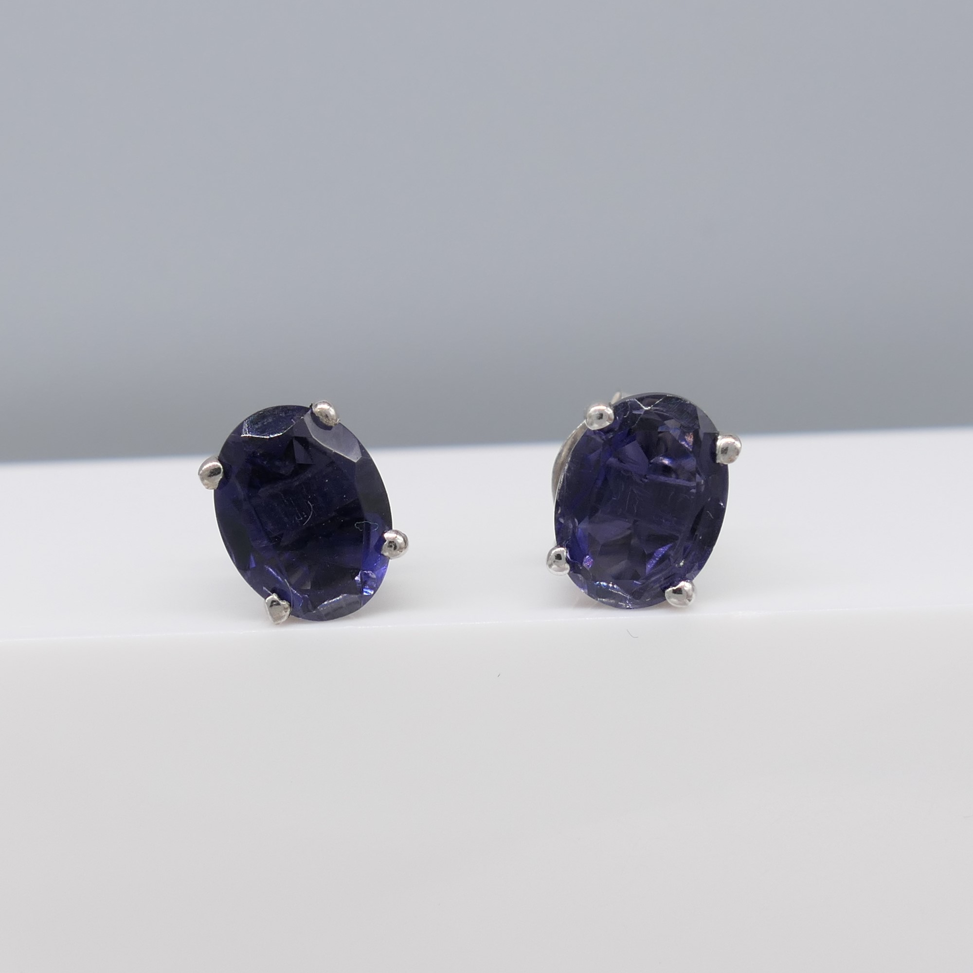 Natural Iolite Gemstone Ear Studs In Sterling Silver