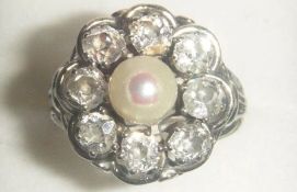 Antique, 18ct Gold Diamond Platinum Pearl Ring