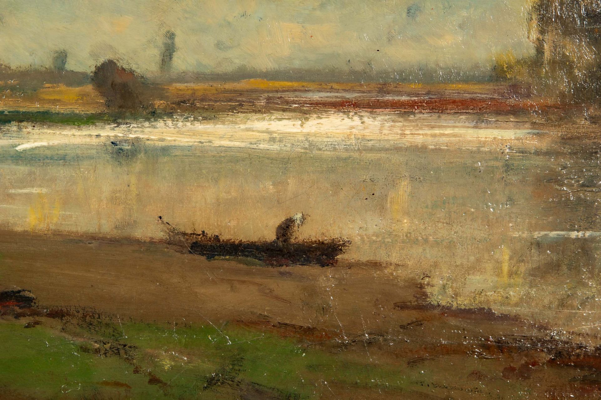 "Uferpartie", Gemälde, Öl auf Leinwand ca. 53 x 100 cm. Herbstliche Landschaft mit Dorfidyll an fli - Bild 6 aus 19