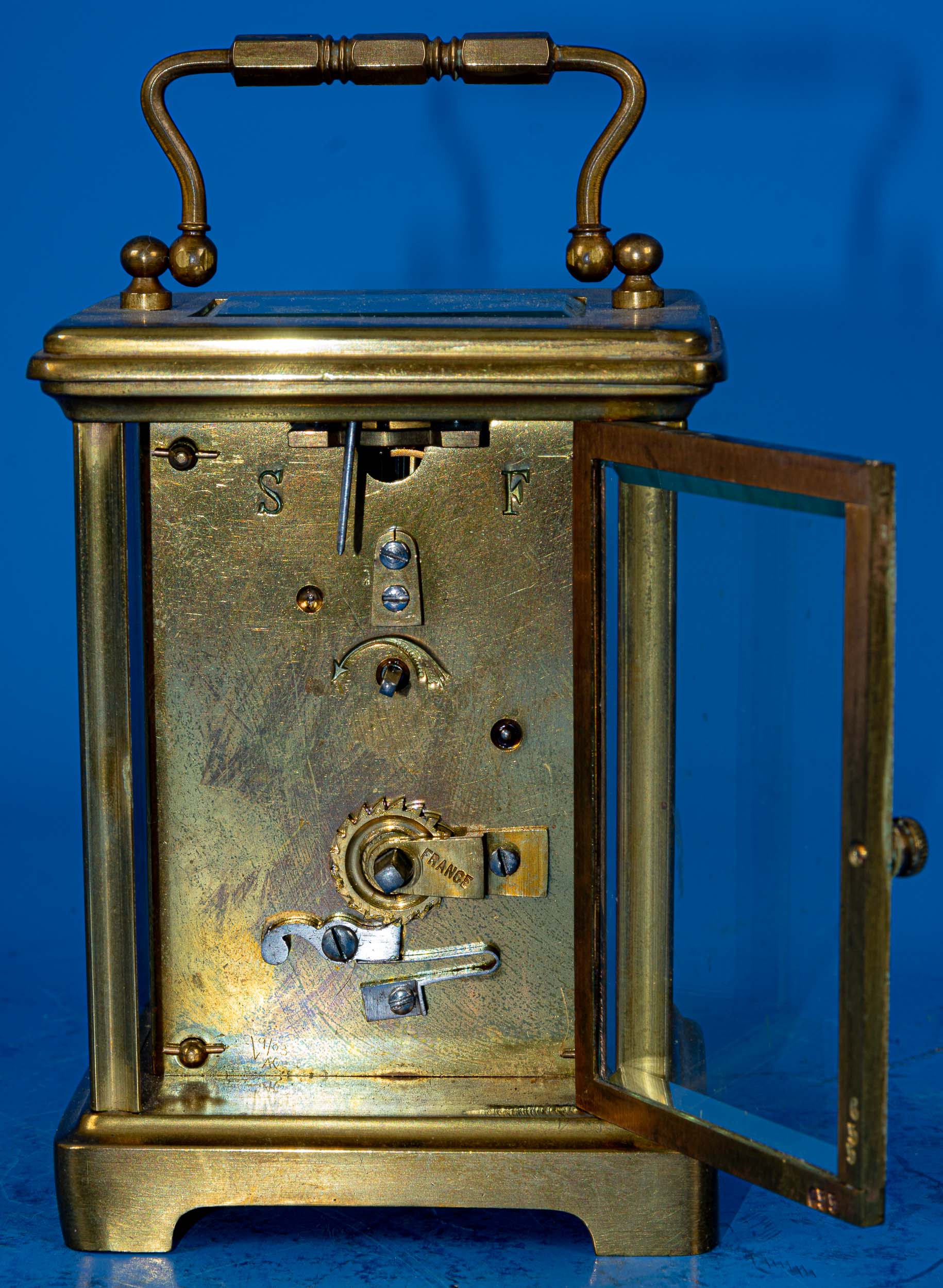 Antike französische Reiseuhr, sogen. "Carriage Clock", rundum verglastes Messinggehäuse, arabische - Image 7 of 10