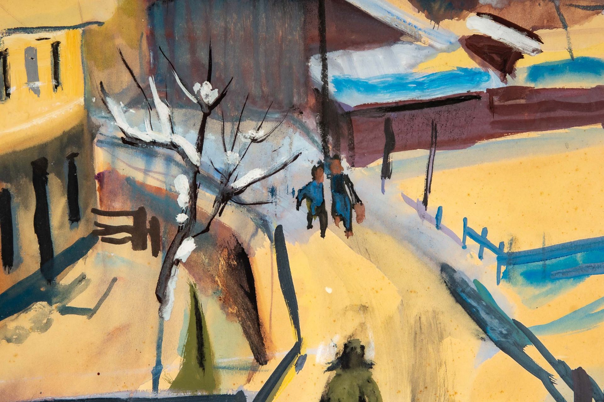 "Verschneites Dorf", Mischtechnik auf festem Papier/ Karton; lichtes Bildmaß ca. 49 x 67 cm, unten  - Bild 4 aus 7