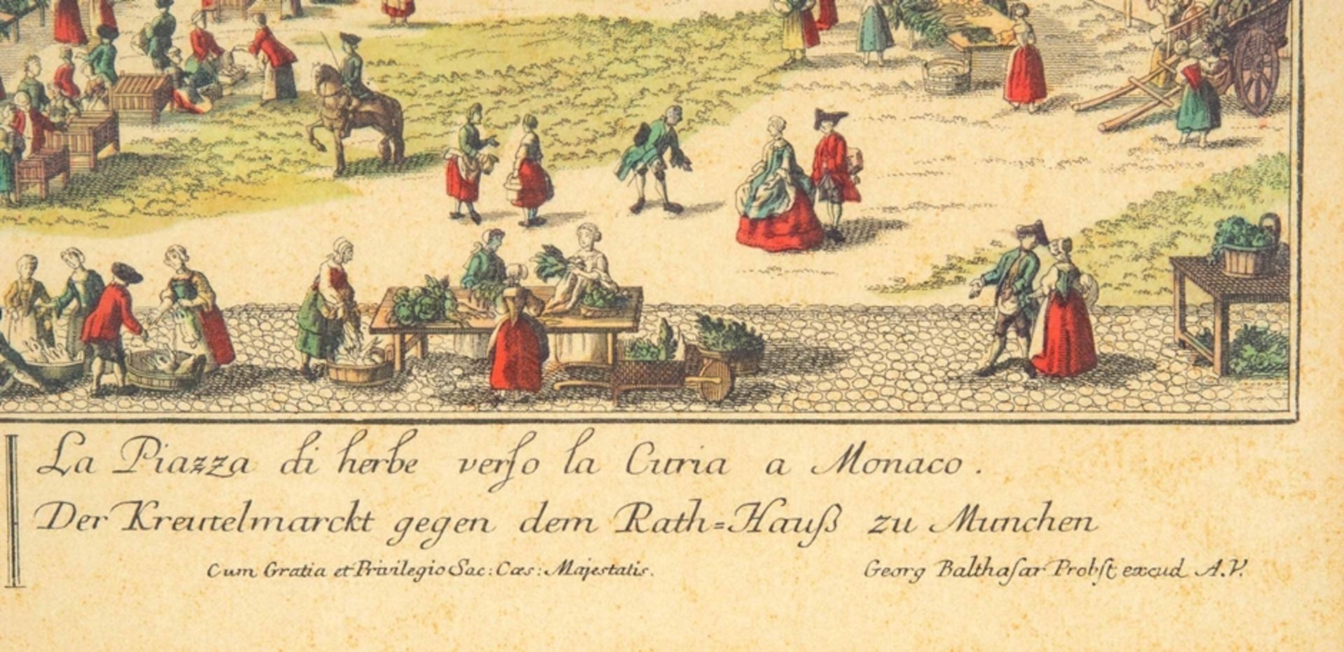 Seltene Ansicht von München: "Le Marche´ aux Herbes a´ Munick", Guckkastenbild, hinter Glas gerahmt - Bild 10 aus 11