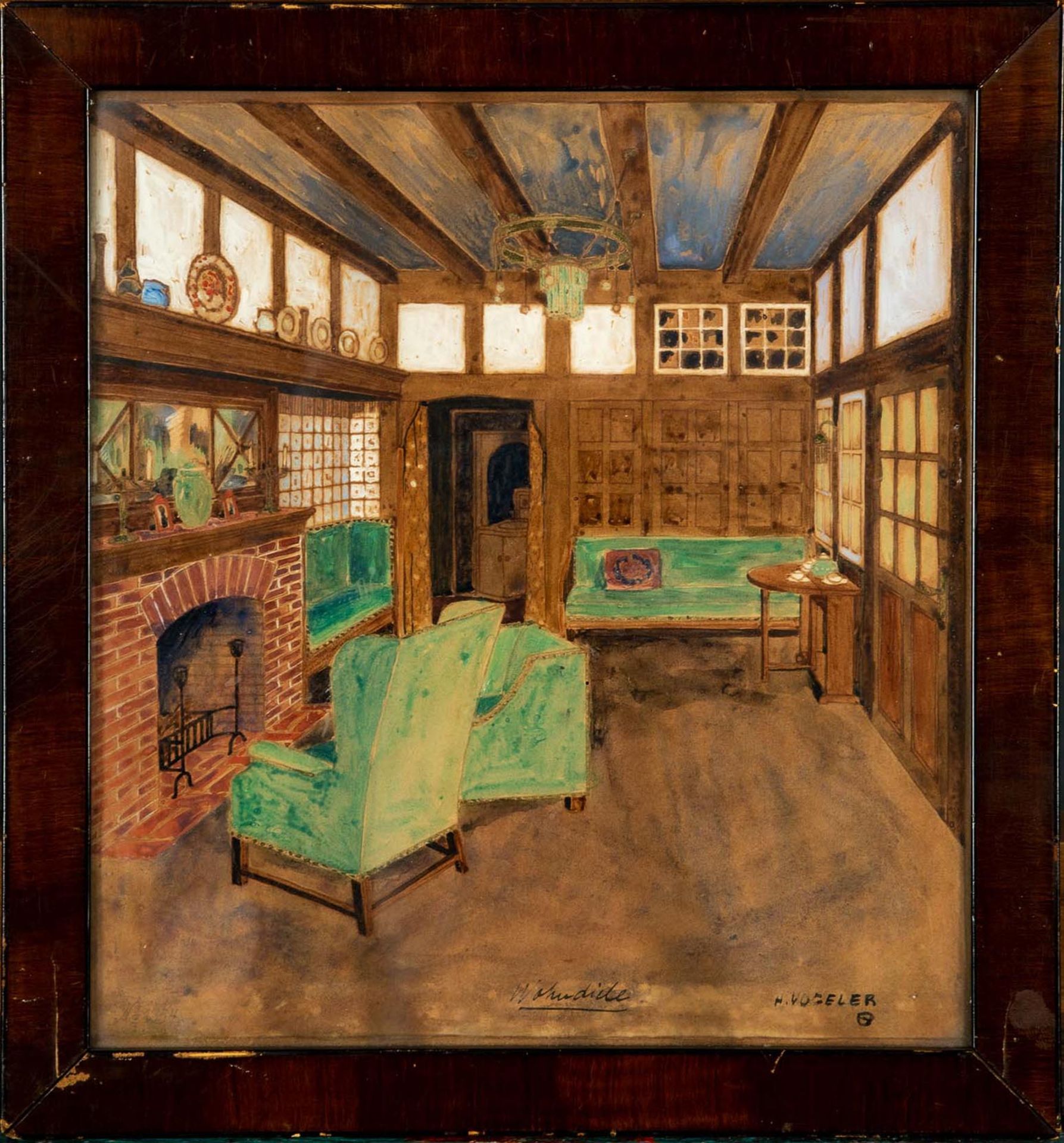 "Wohndiele", aquarellierte Zeichnung auf Papier/ Karton, lichtes Bildmaß ca. 23,8 x 22 cm, mittig o