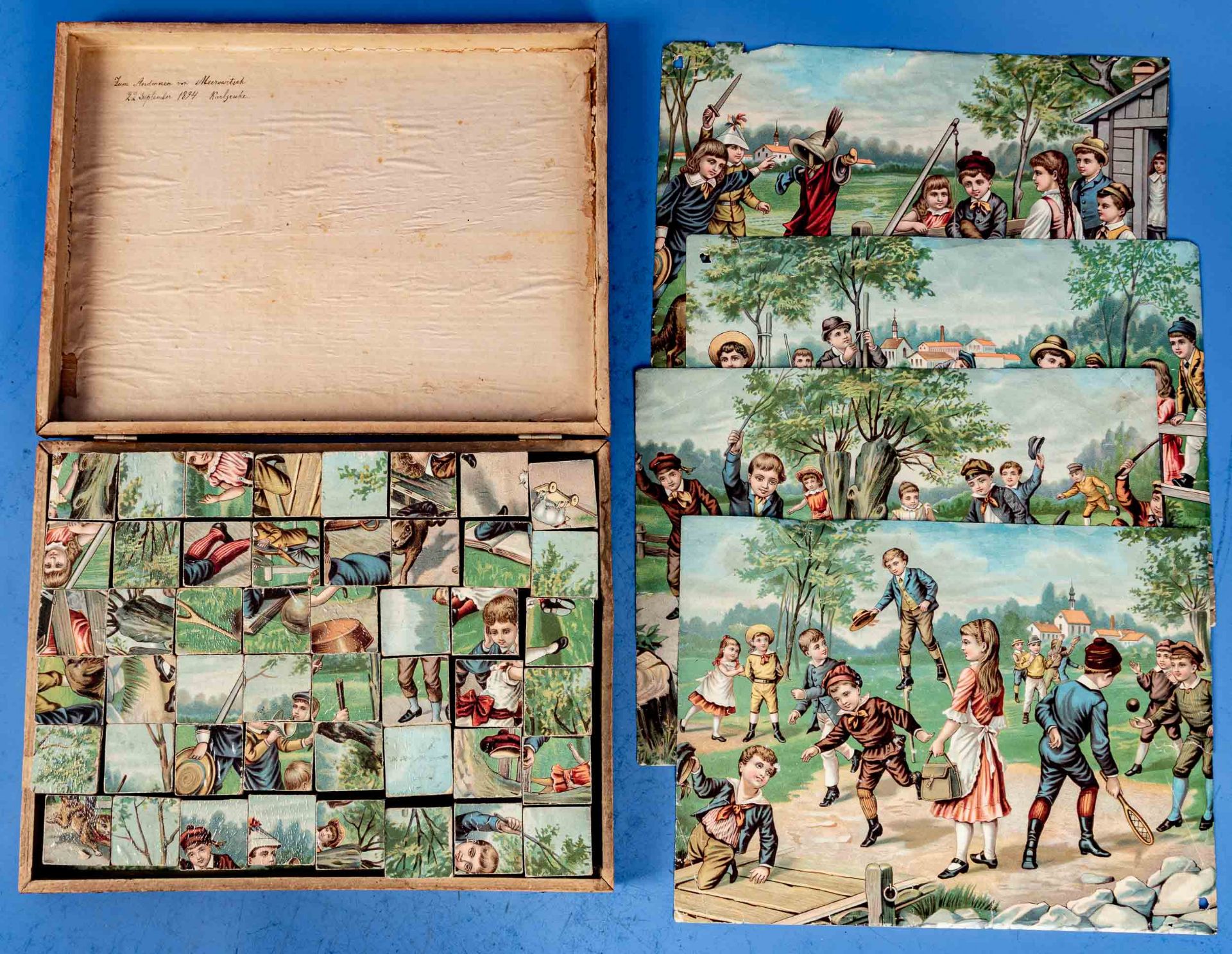 Antikes Bilder - Würfel - Spiel in orig. Box. Im Deckel mit 1894 datierter Dedikation. 48 Puzzle- W - Image 2 of 6