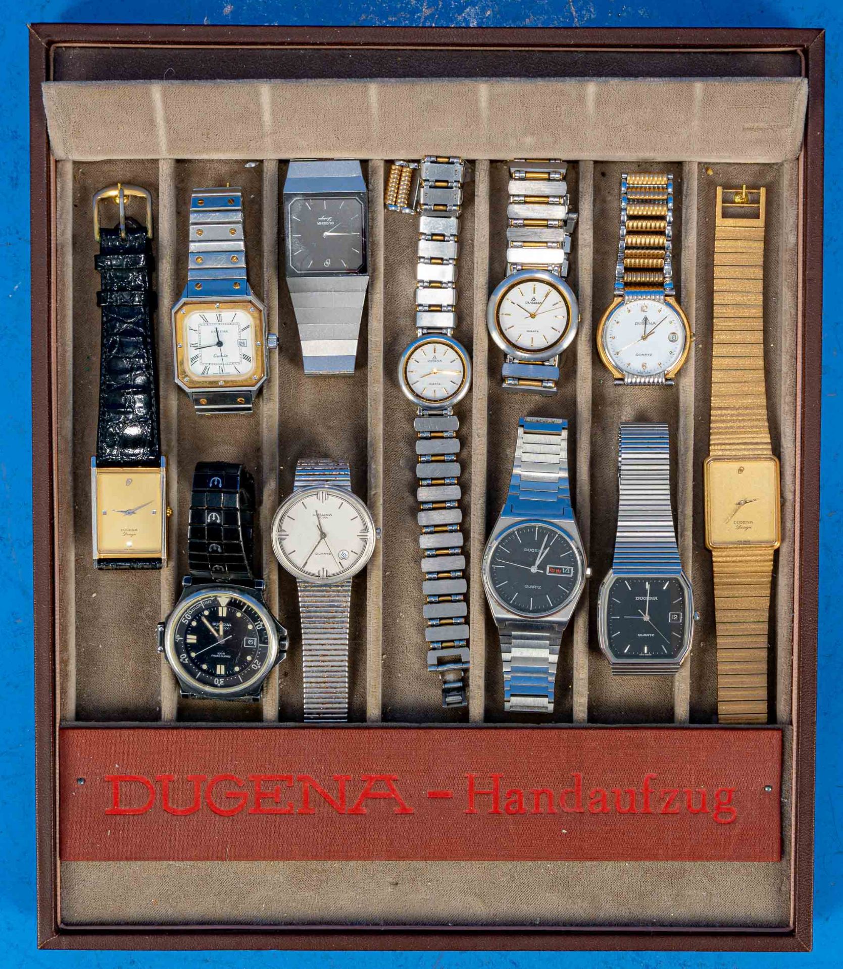 11tlg. Sammlung verschiedener DUGENA Damen- & Herrenarmbanduhren, überwiegend Quarzwerke, alle Uhre