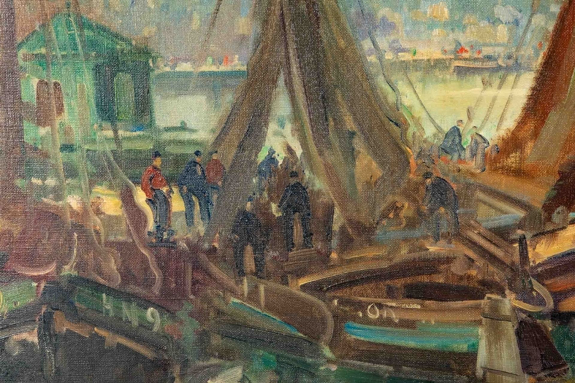 "Segelboote im Hafen vor städtischer Kulisse", Gemälde Öl auf Leinwand, unten rechts sign.: Otto HA - Bild 4 aus 10