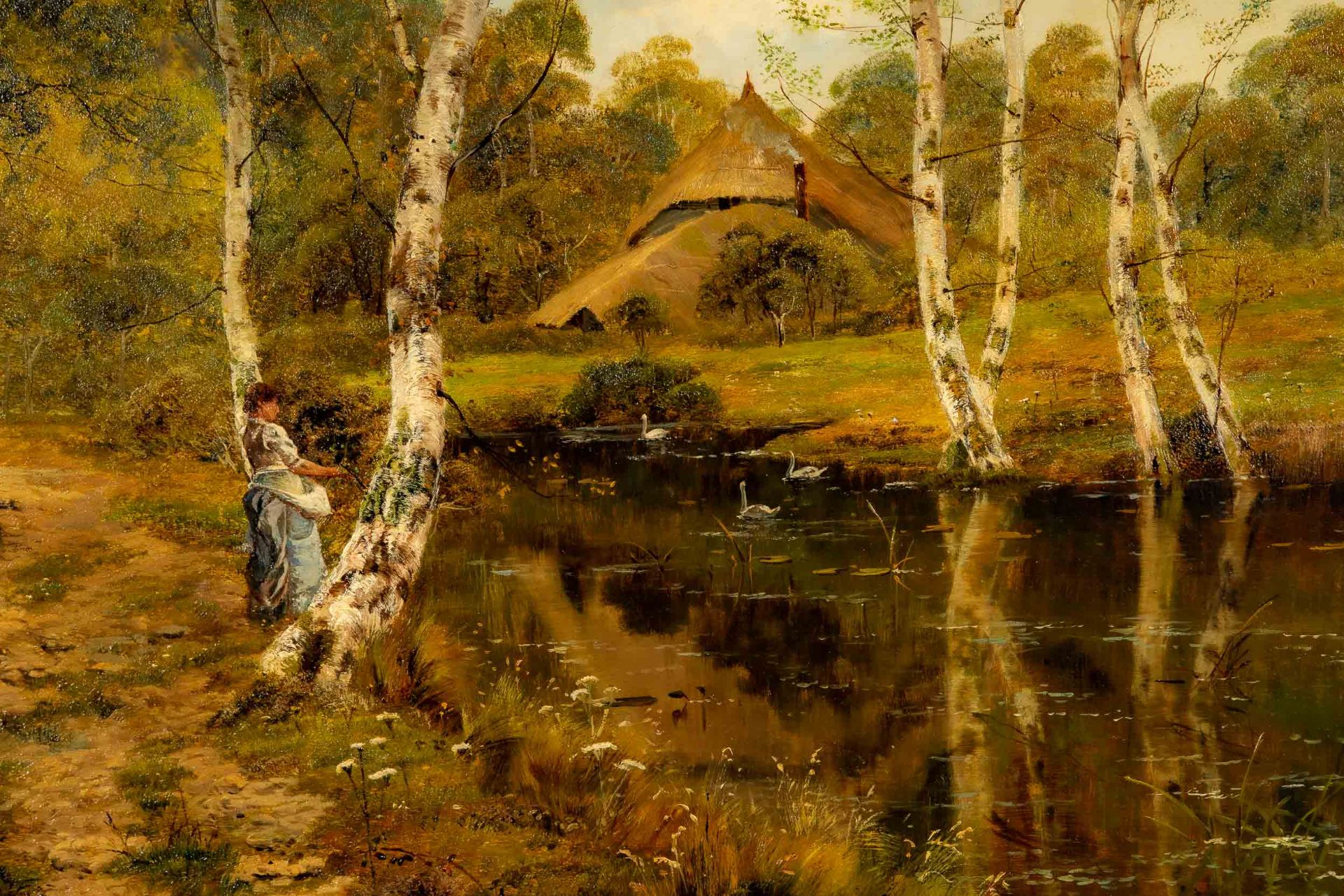 "Sommerlicher Weiher", Gemälde Öl auf Leinwand, ca. 46 x 82 cm, unten links signiert: T. Hines = Th - Bild 3 aus 16