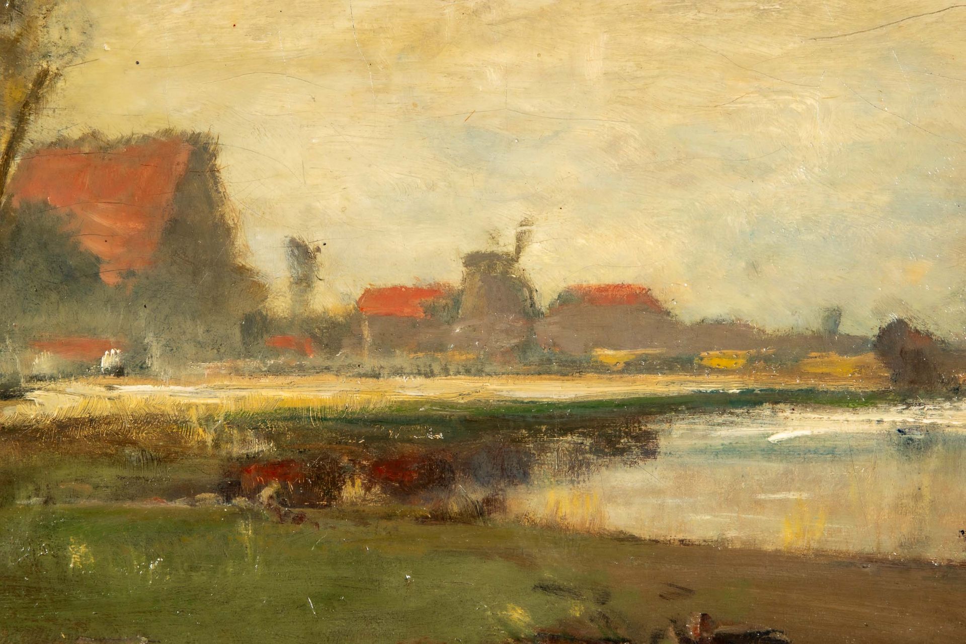 "Uferpartie", Gemälde, Öl auf Leinwand ca. 53 x 100 cm. Herbstliche Landschaft mit Dorfidyll an fli - Image 5 of 19