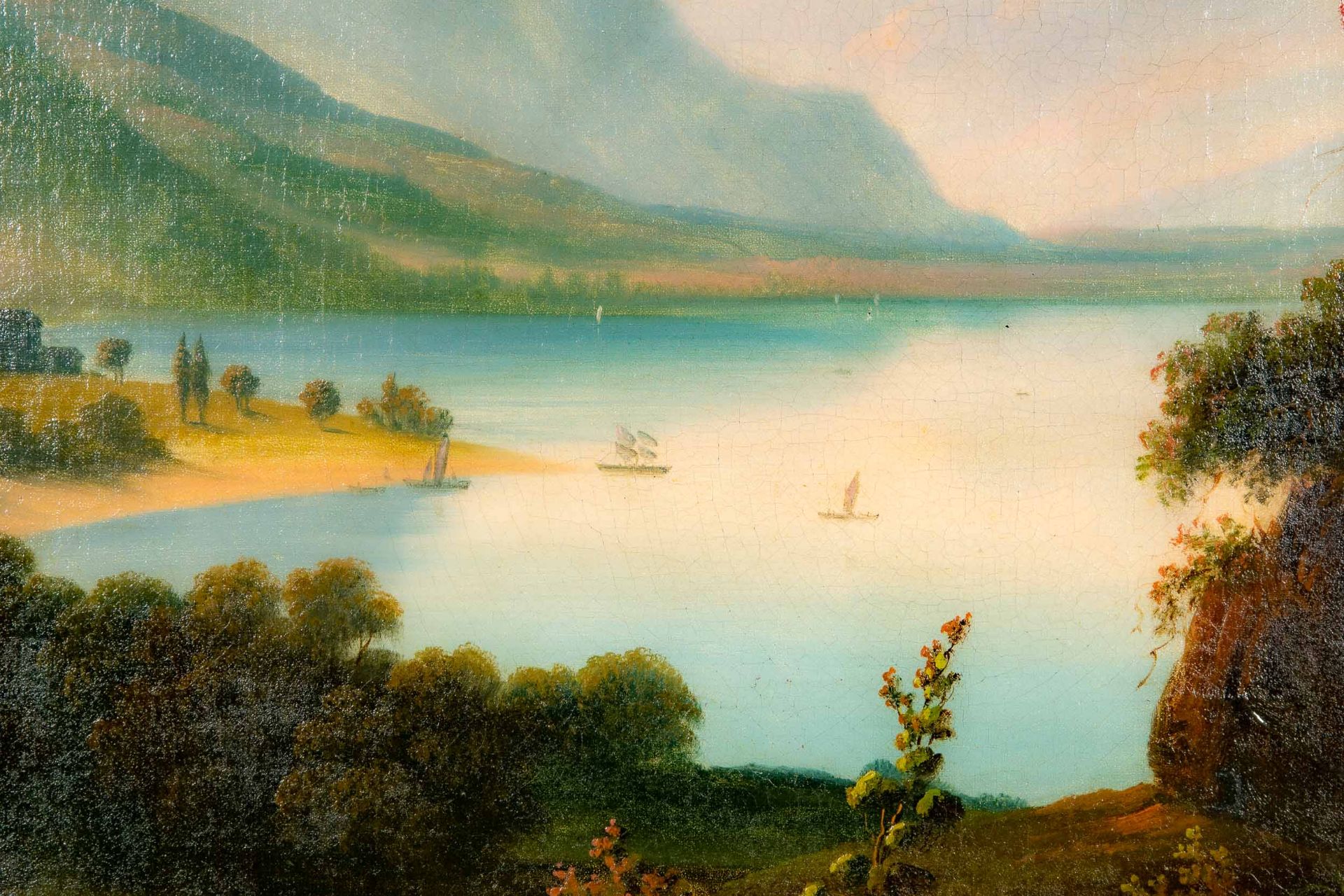 "Spätromantische Voralpenlandschaft", 19. Jhdt., Gemälde Öl auf Leinwand, ca. 67 x 91 cm. Unsignier - Bild 5 aus 11