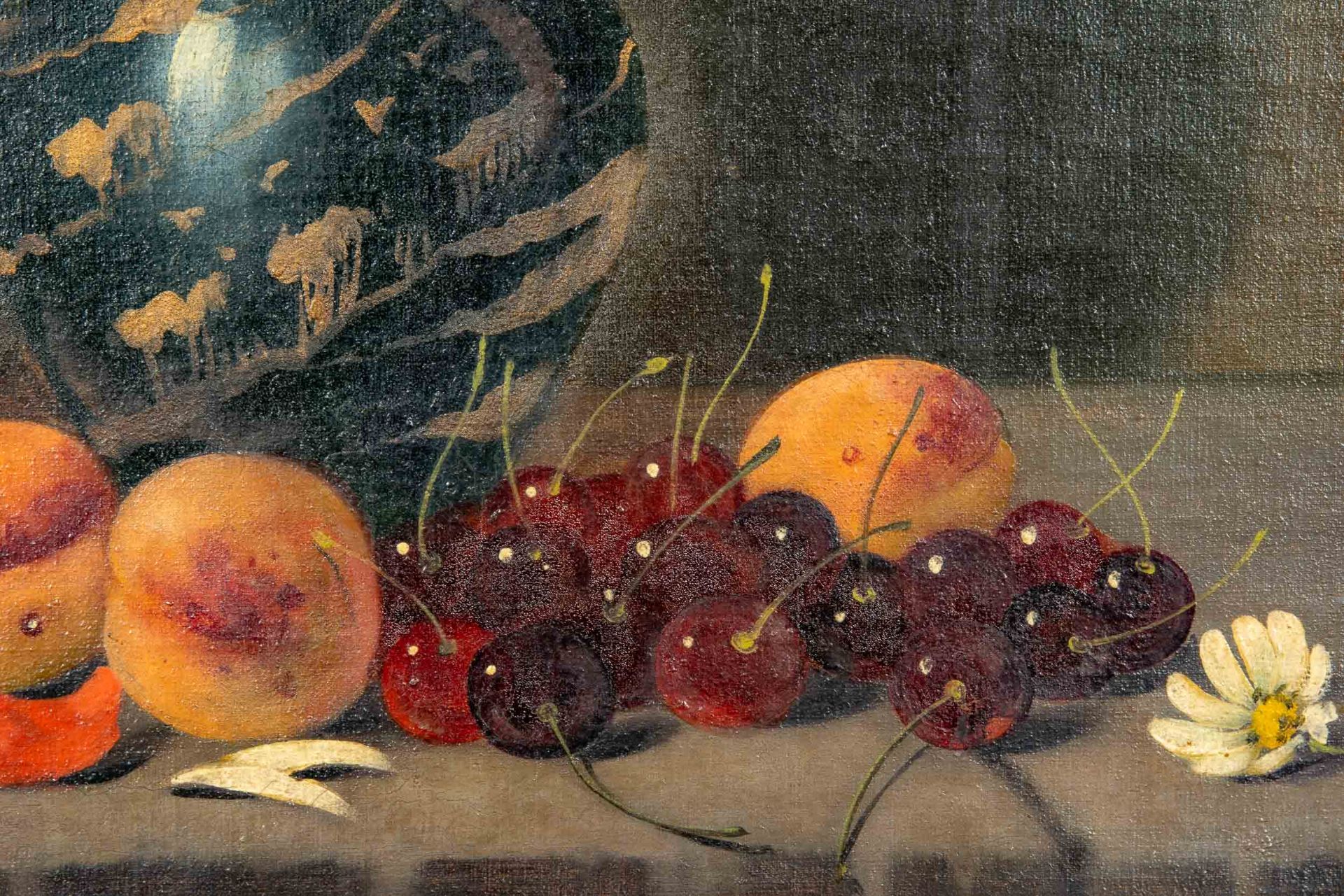 Stilleben mit Aprikosen und Kirschen, deutsch um 1900 / 20, unten rechts signiert: M. O.Beyer, Düss - Image 5 of 7