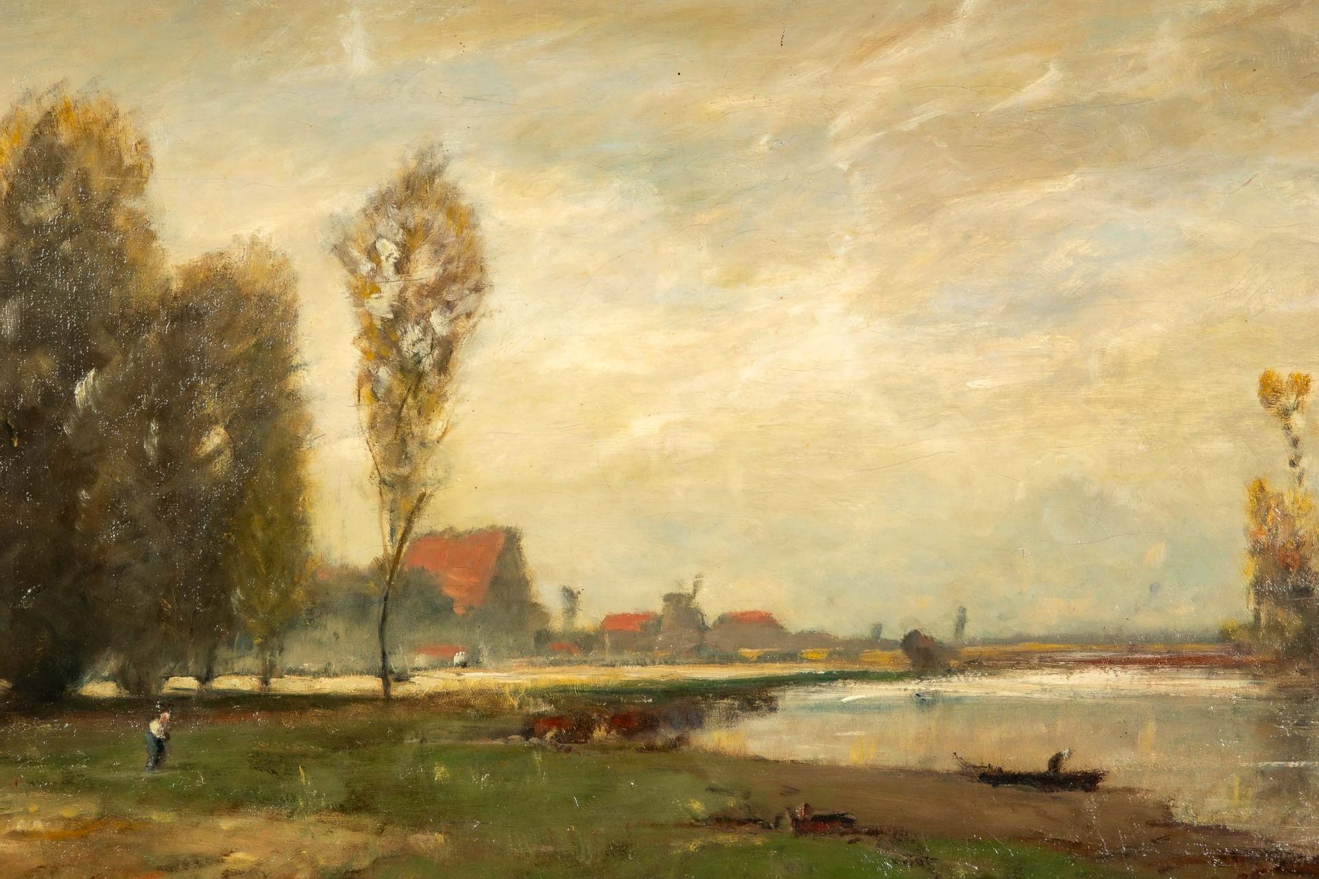"Uferpartie", Gemälde, Öl auf Leinwand ca. 53 x 100 cm. Herbstliche Landschaft mit Dorfidyll an fli - Image 3 of 19