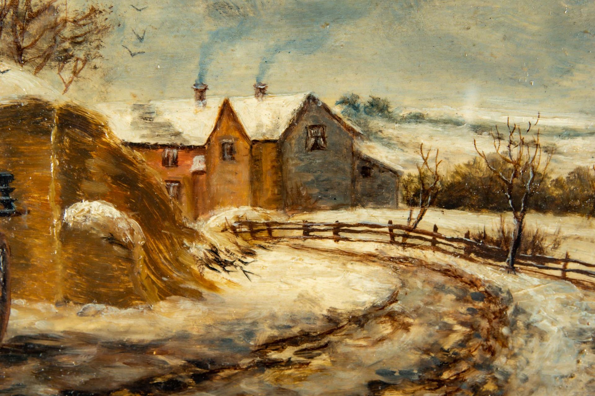 "Winterliche Hofanlage", Öl auf Malkarton/ Malpappe, auf Holz geklebt. Ca. 15 x 22 cm, unten rechts - Bild 5 aus 8