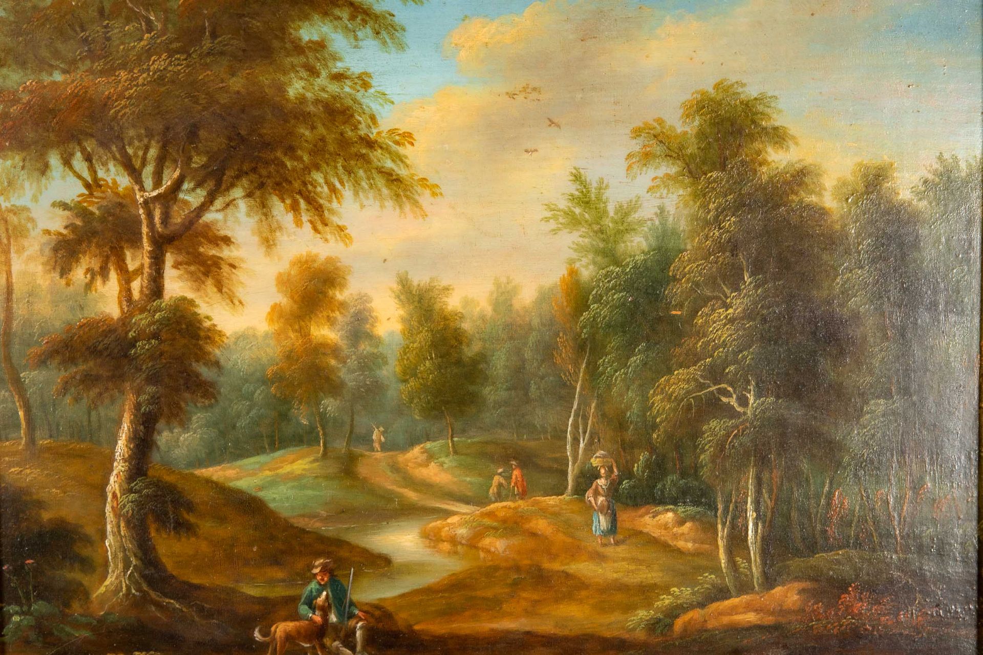 "Weite hügelige Waldlandschaft" mit Figurenstaffage, Gemälde, 18./19. Jhdt., Öl auf Holztafel, ca. - Image 3 of 8