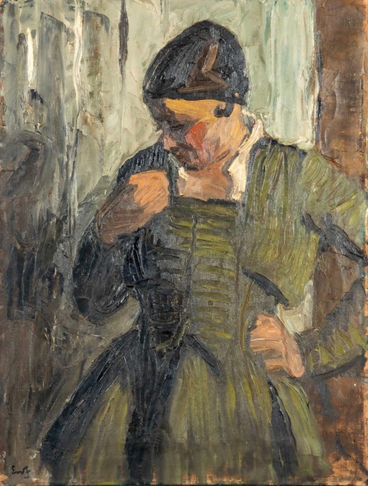 "Dame in grünem Kleid", Gemälde, Öl auf Leinwand, unten links monagrammiert: EWJ = Erik William Joh - Image 2 of 8