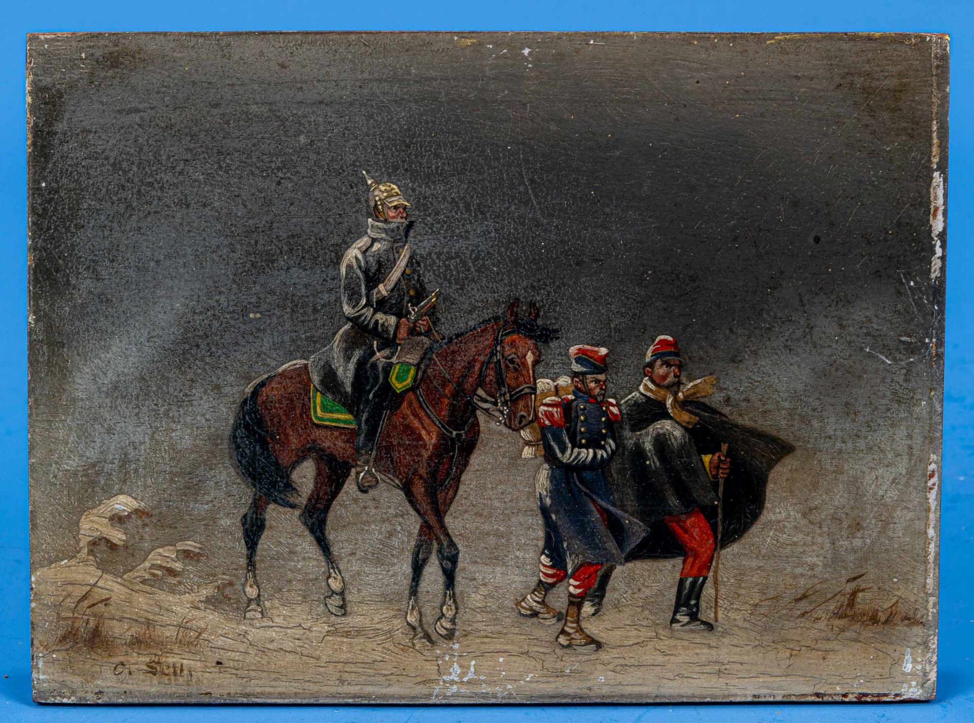 "Deutscher Kavallerist im Winter 1870 /71", 2 französische Kriegsgefangene mit sich führend. Kleinf