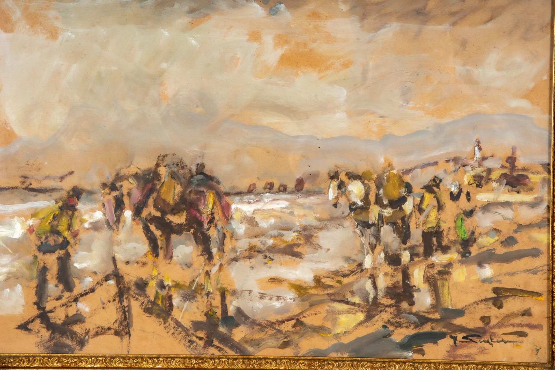 "Rastende Reiter", Mischtechnik auf Malkarton, hinter Glas gerahmt, Bildmaß ca. 50 x 71 cm, unten r - Bild 3 aus 10