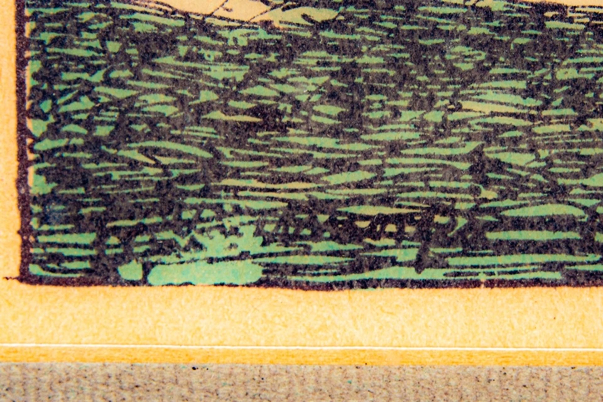 "Dörfliches Idyll", hinter Glas gerahmter Farbholzschnitt, in der Platte unten links signiert: F. R - Image 8 of 8
