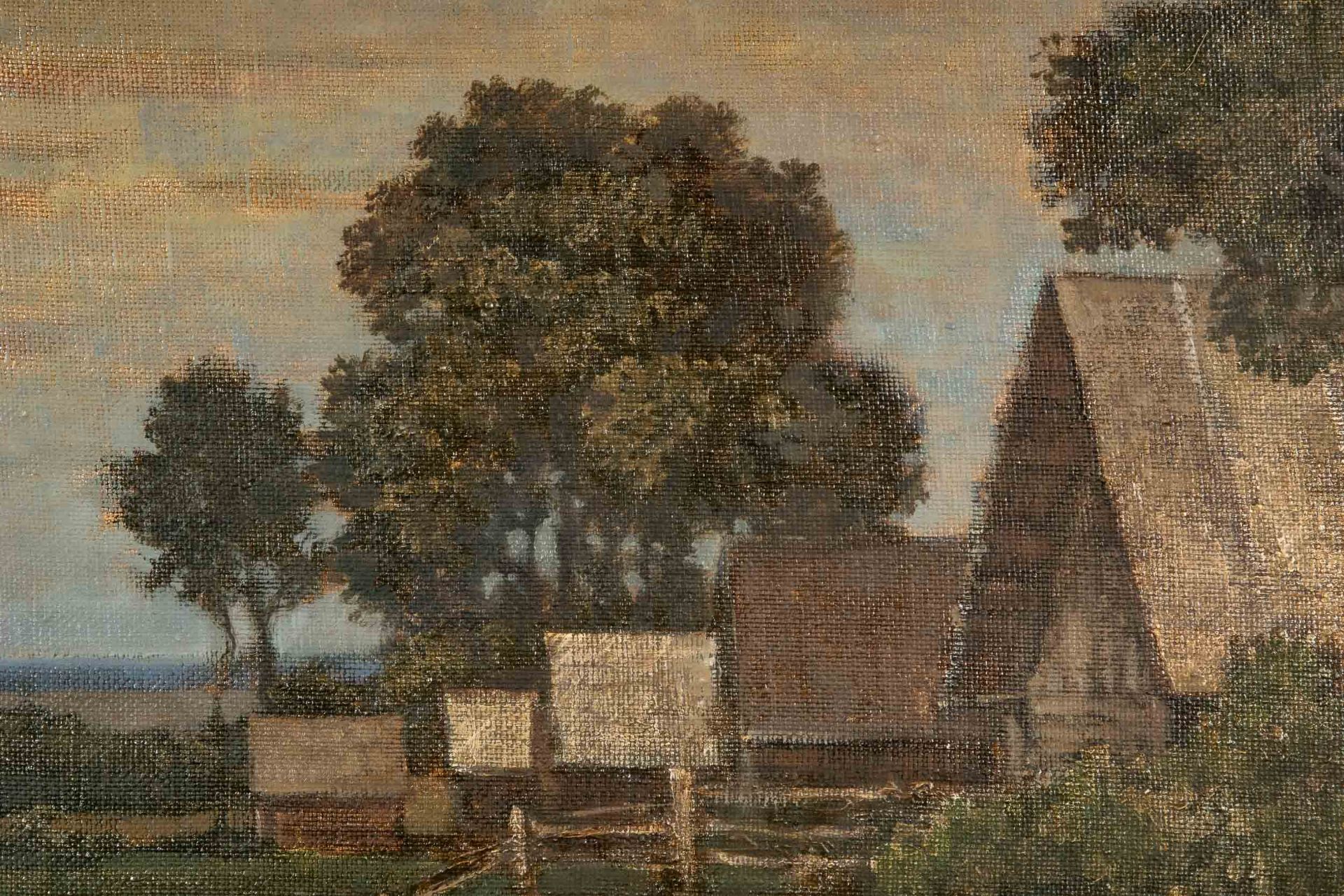 "Vollmond im Sommer" mit bäuerlicher Hofanlage und Wiesen. Bildmaß ca. 60 x 100 cm; unten rechts mo - Bild 4 aus 10