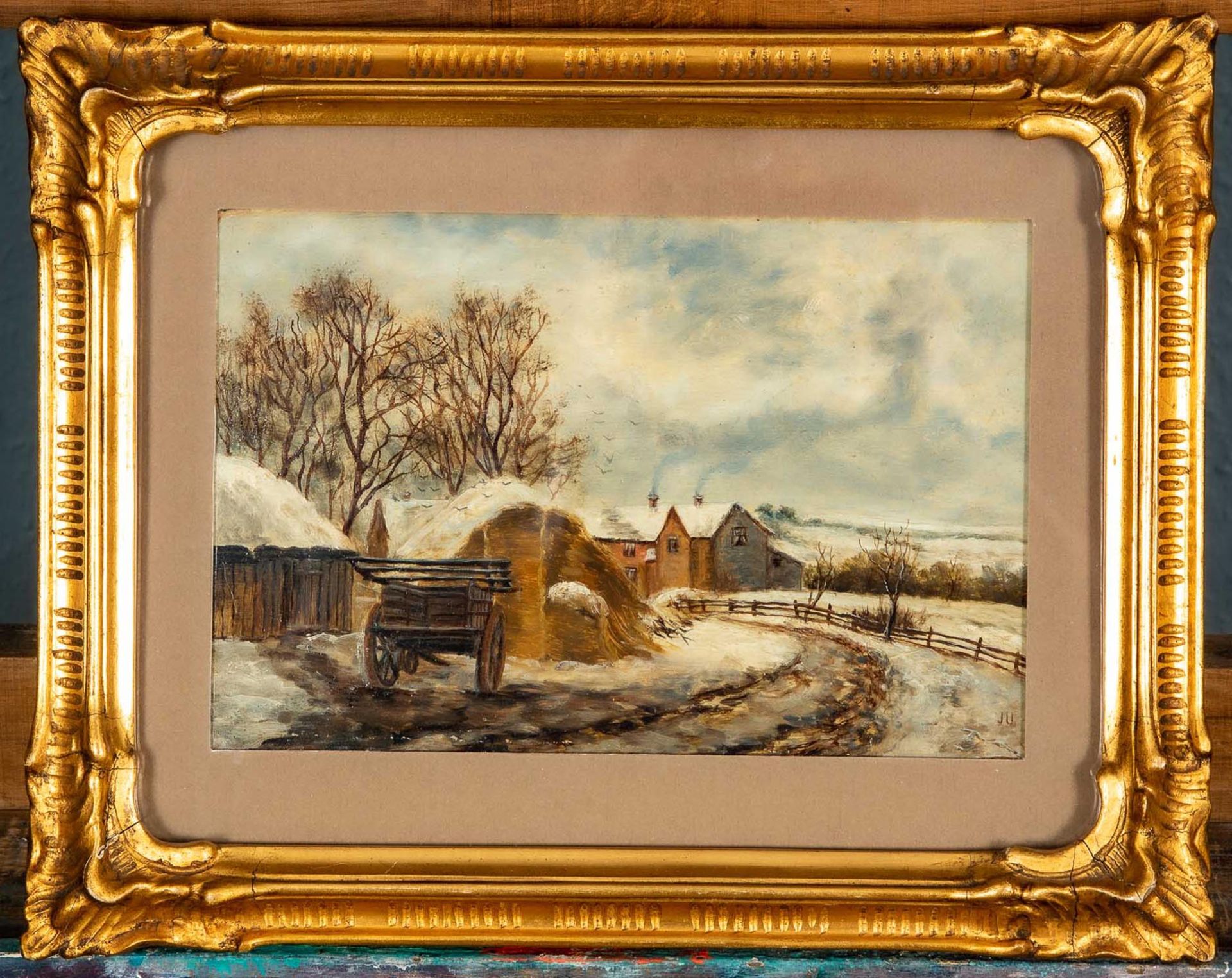 "Winterliche Hofanlage", Öl auf Malkarton/ Malpappe, auf Holz geklebt. Ca. 15 x 22 cm, unten rechts