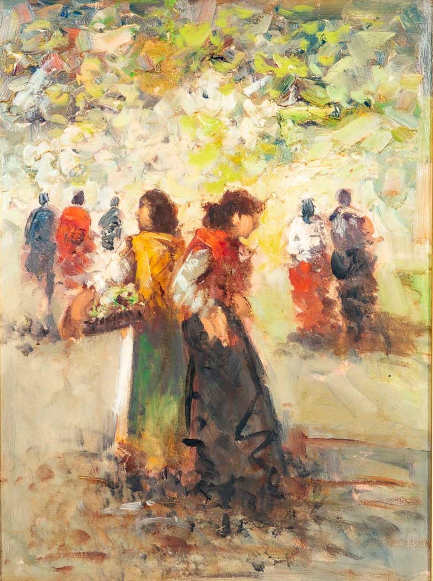 "Auf dem Markt", spazierende Italienerinnen, Gemälde Öl auf Schichtholzplatte, ca. 24 x 30 cm; rück - Image 2 of 10