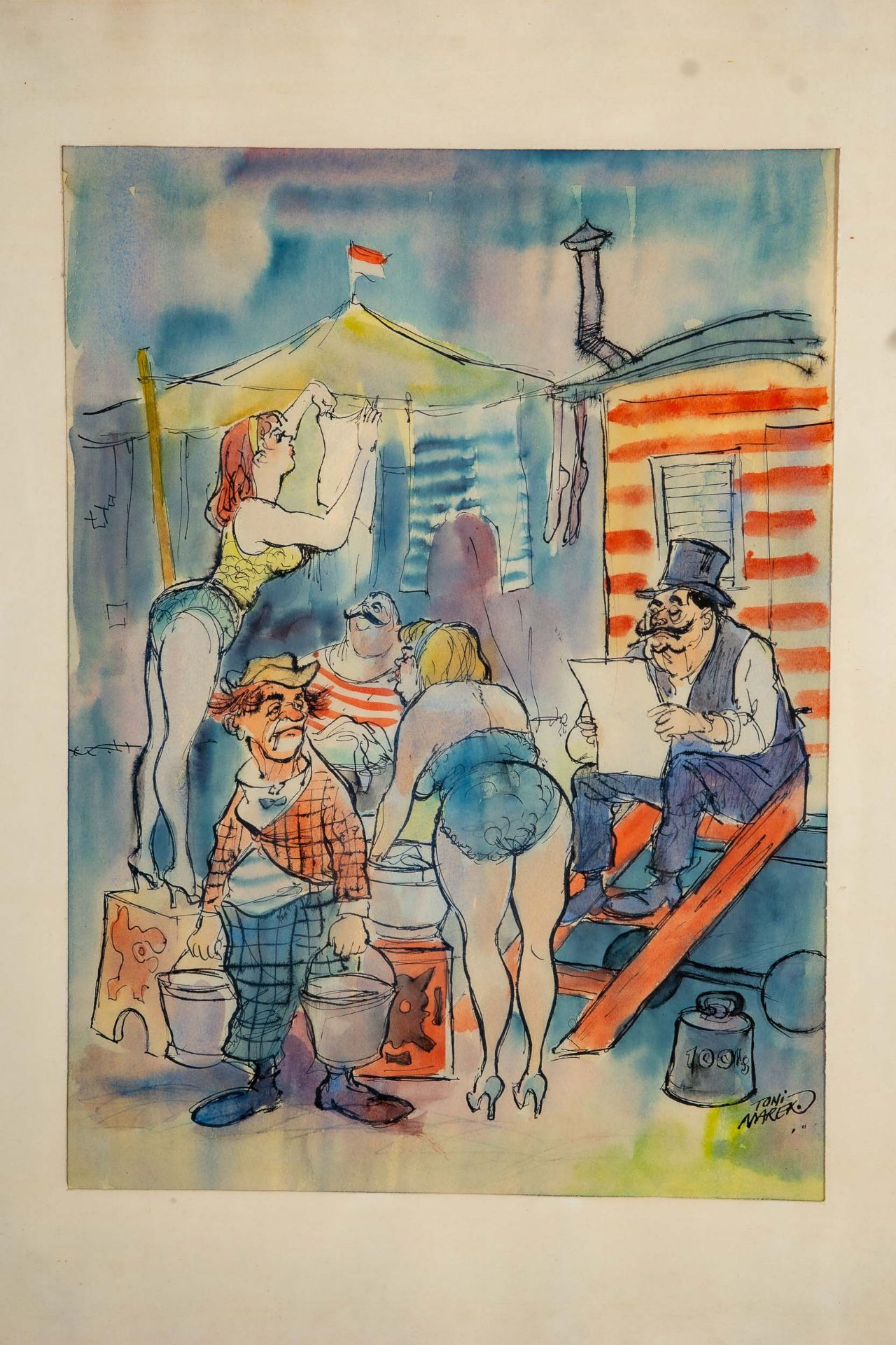 "Zirkusalltag", aquarellierte Zeichnung in Passepartout hinter Glas gerahmt; lichtes Bildmaß ca. 42 - Image 3 of 8