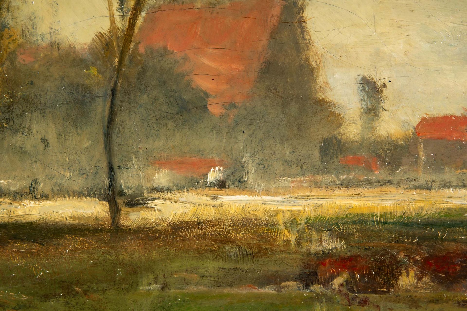 "Uferpartie", Gemälde, Öl auf Leinwand ca. 53 x 100 cm. Herbstliche Landschaft mit Dorfidyll an fli - Image 8 of 19
