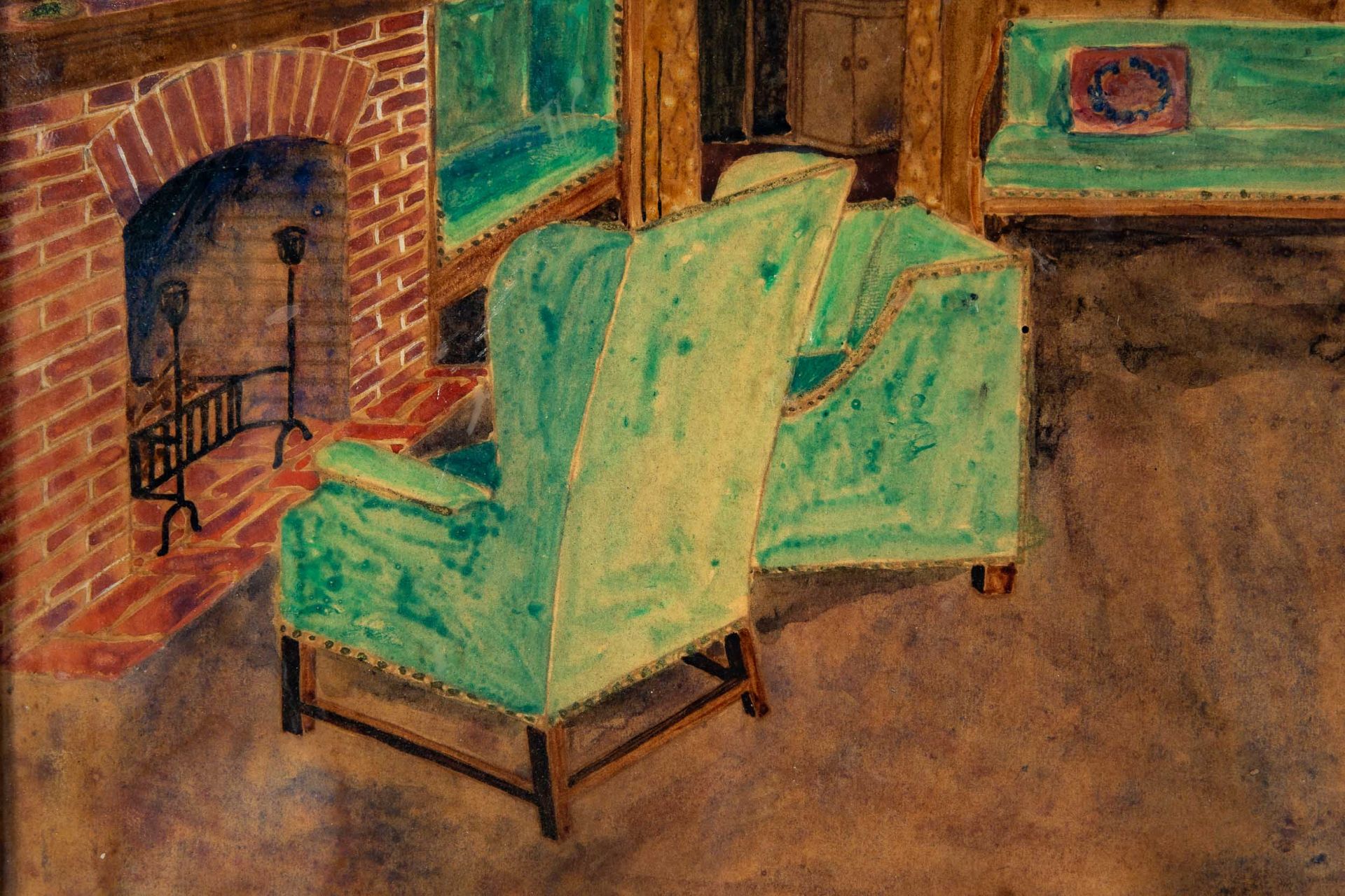 "Wohndiele", aquarellierte Zeichnung auf Papier/ Karton, lichtes Bildmaß ca. 23,8 x 22 cm, mittig o - Image 7 of 10