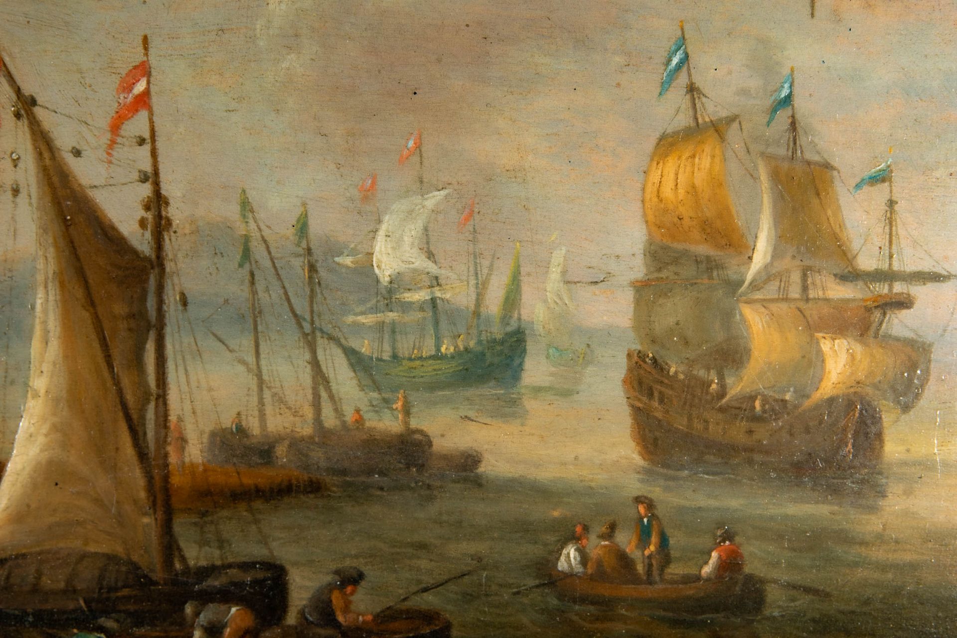 "Hafenszenerie" - Gemälde, 18./19. Jhdt., Öl auf Holztafel, ca. 22 x 29 cm, unsigniert, aber rückse - Image 6 of 10