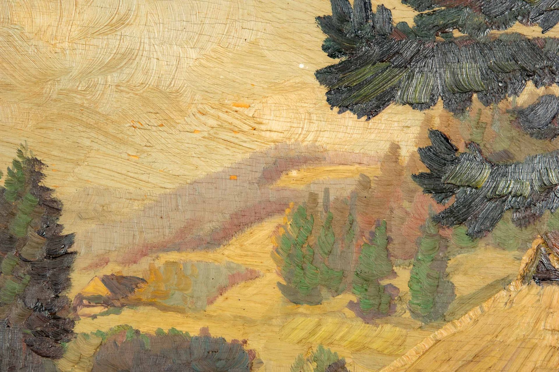 "Bauernhaus in sommerlicher, bergiger Landschaft", Gemälde, Öl auf Schichtholzplatte, ca. 38,5 x 50 - Image 5 of 7
