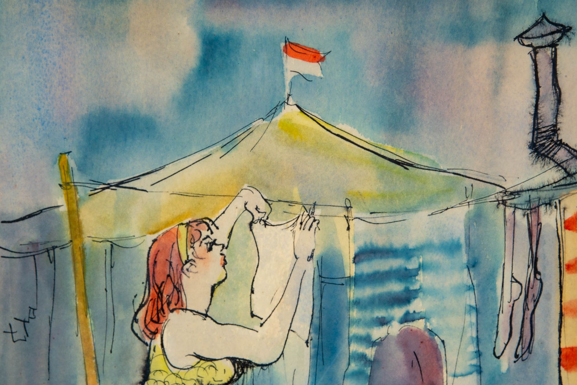 "Zirkusalltag", aquarellierte Zeichnung in Passepartout hinter Glas gerahmt; lichtes Bildmaß ca. 42 - Bild 5 aus 8