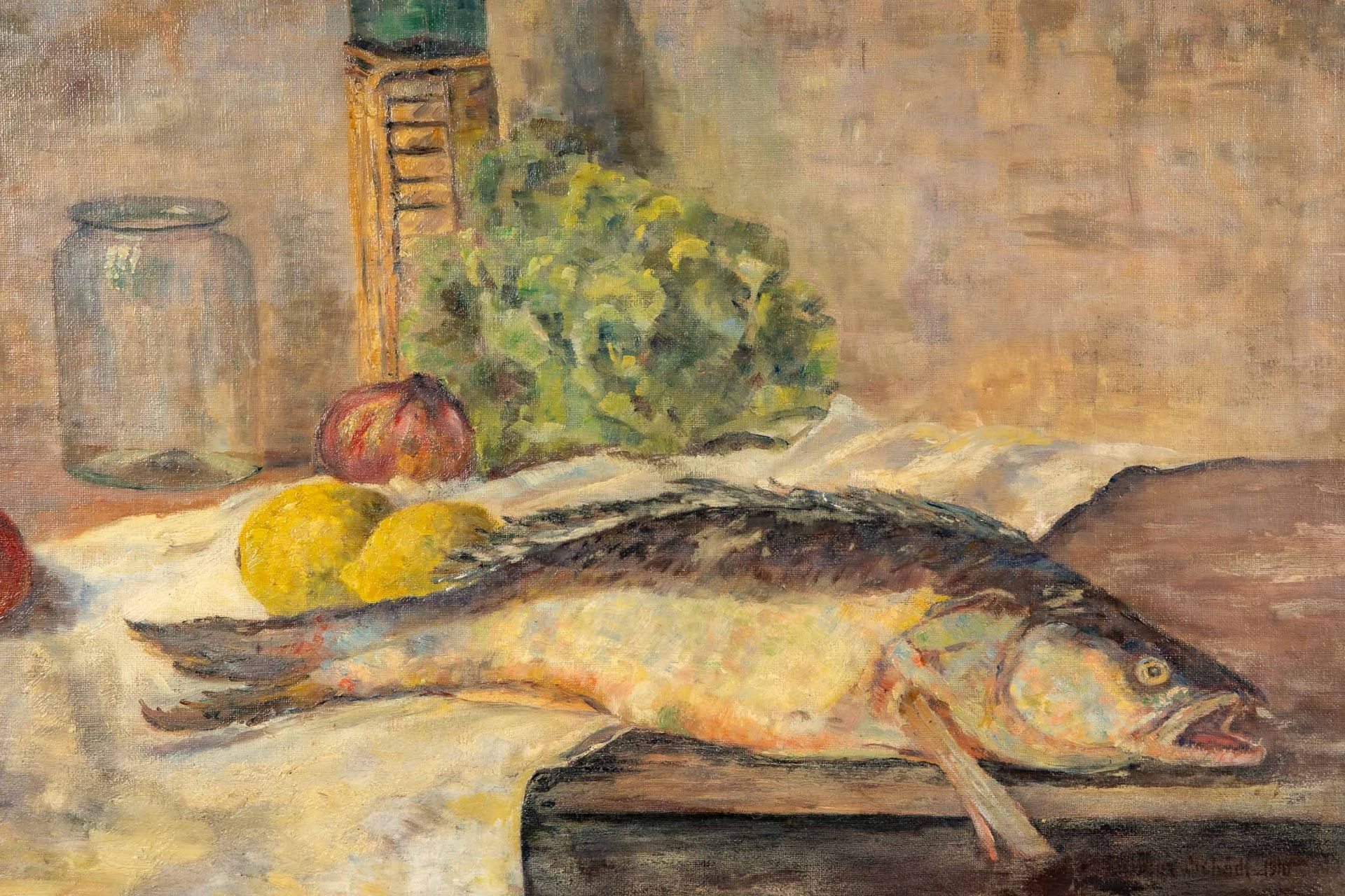 "Stilleben mit Karpfen", Gemälde Öl auf Platte, ca. 57 x 65 cm, unten rechts uneindeutig signiert & - Bild 3 aus 9