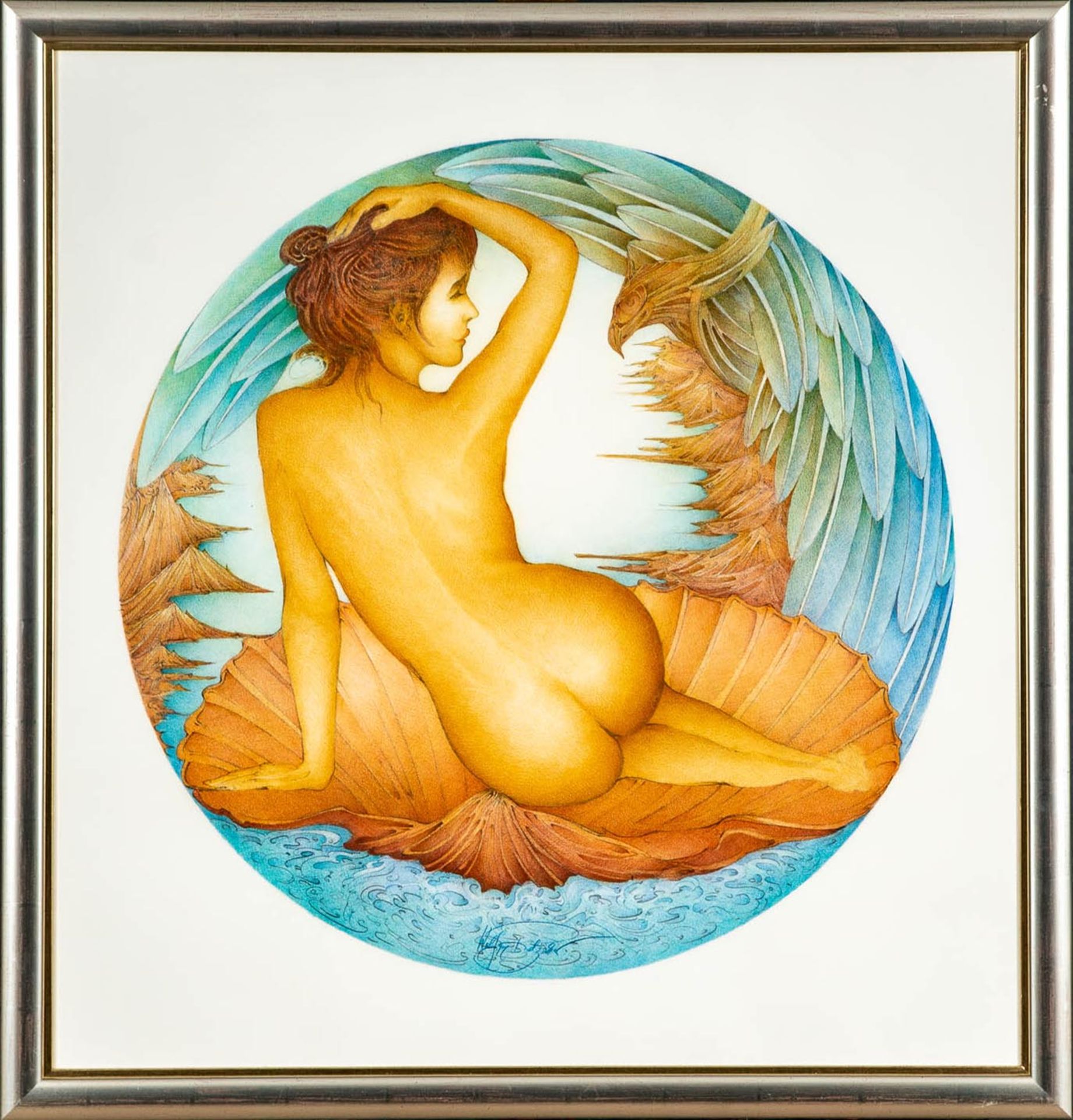"Venus in der Muschel", multiple Farblithographie des Wolfgang Fratscher ( 1944 Rendsburg - 2009 Bu